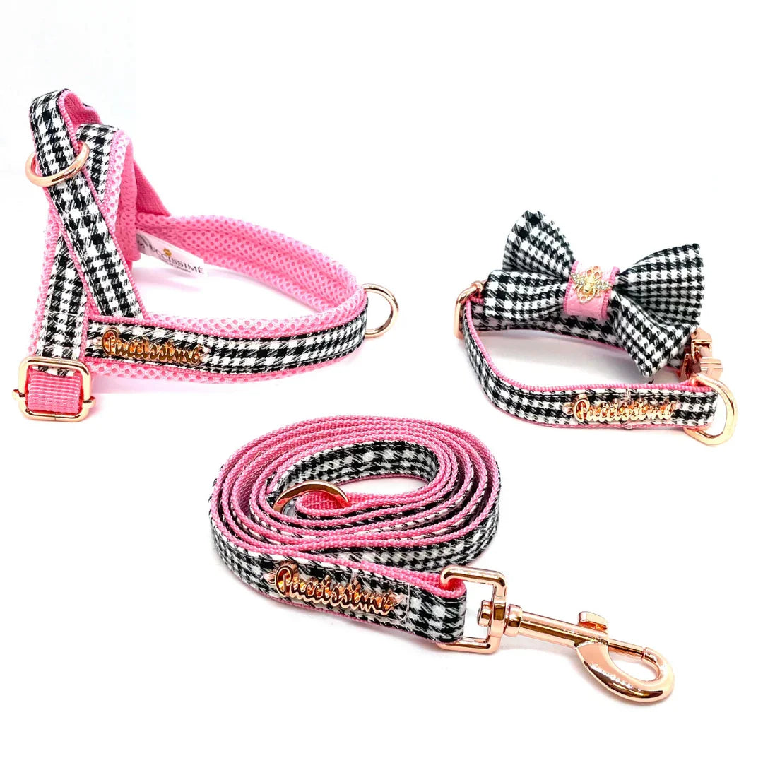 Pink and black houndstooth dog harness, leash, and collar set with rose gold hardware