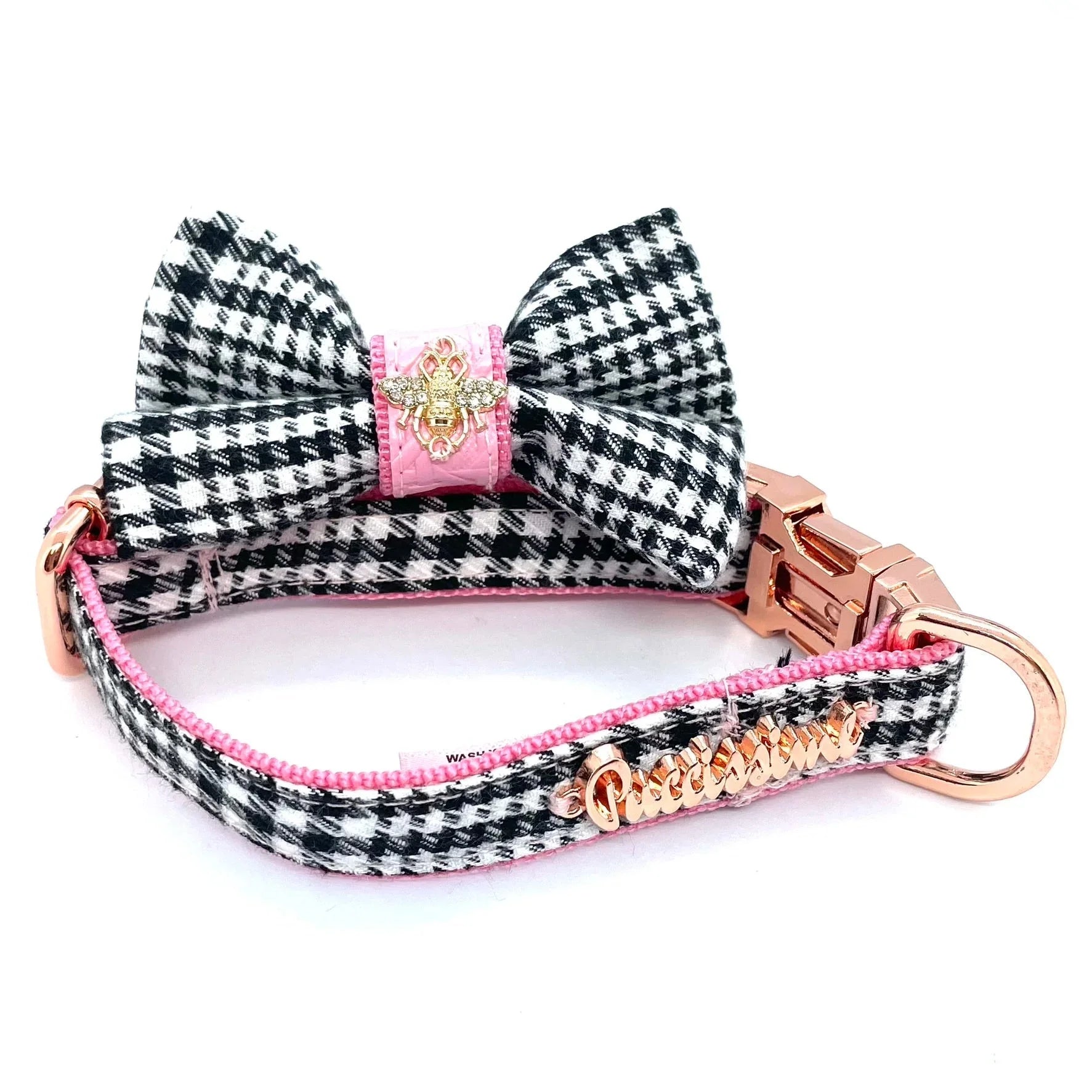 Houndstooth dog collar with bow tie, gold bee detail, and pink rose gold hardware