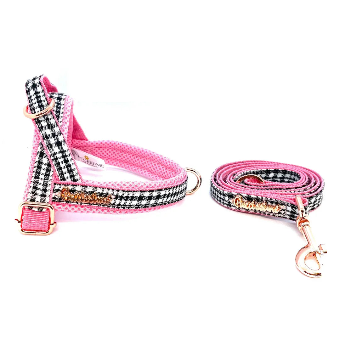 Pink and black houndstooth dog harness and leash set with gold hardware