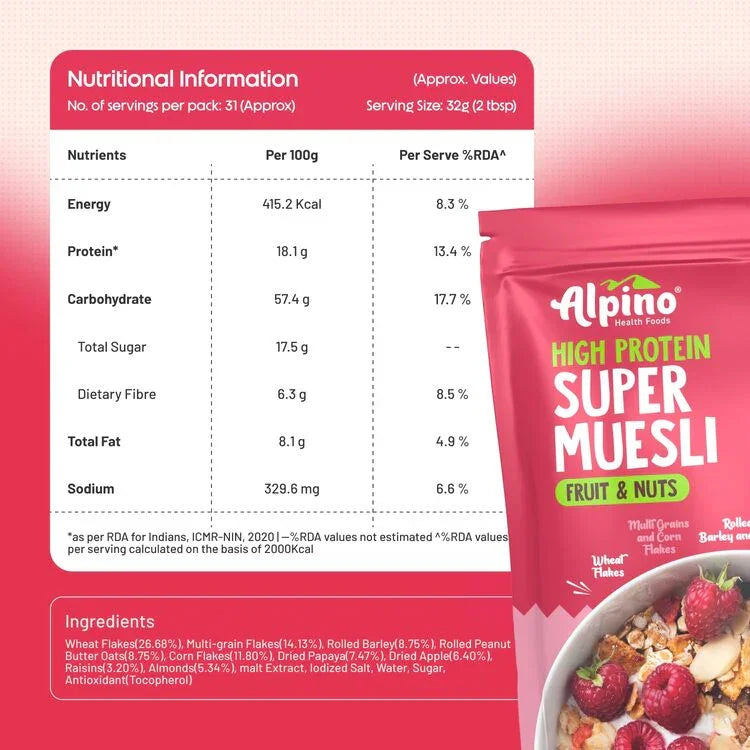 Alpino Protein-Rich Super Muesli Fruit & Nuts - 63% Whole Grains, 15% Fruits & Nuts - 16% Protein, Source of Dietary Fibre & Healthy Fats