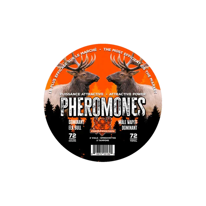 Elk bull pheromones product label with two elk, orange background, and forest silhouette