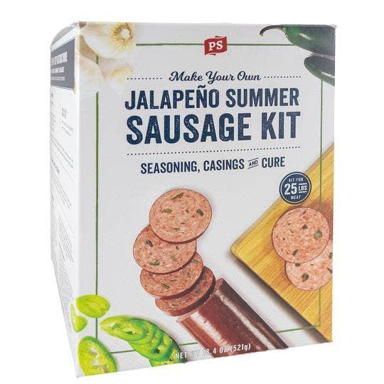 PS Jalapeño Summer Sausage Kit box with sausage slices, jalapeños, and cutting board