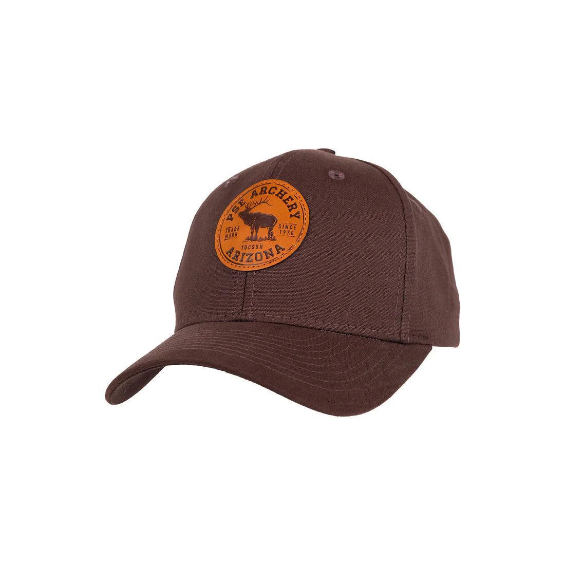 Brown PST Archery Arizona patch hat with curved brim and leather logo patch