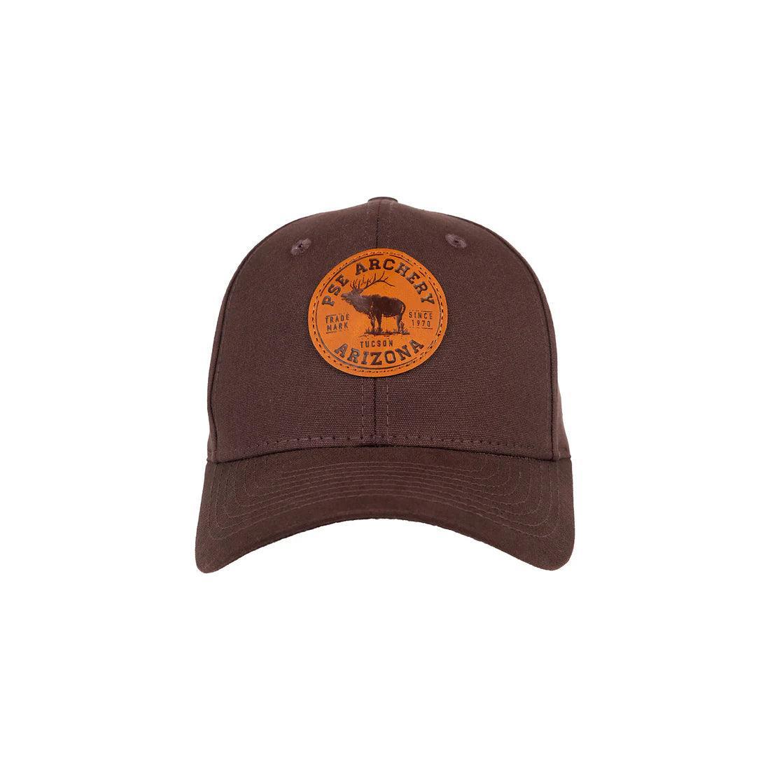 Brown PSE Archery Arizona hat with round leather patch and elk graphic on front