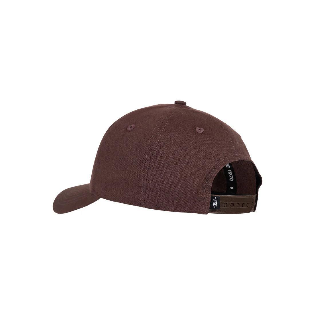 Brown snapback hat with adjustable strap, viewed from the back on white background