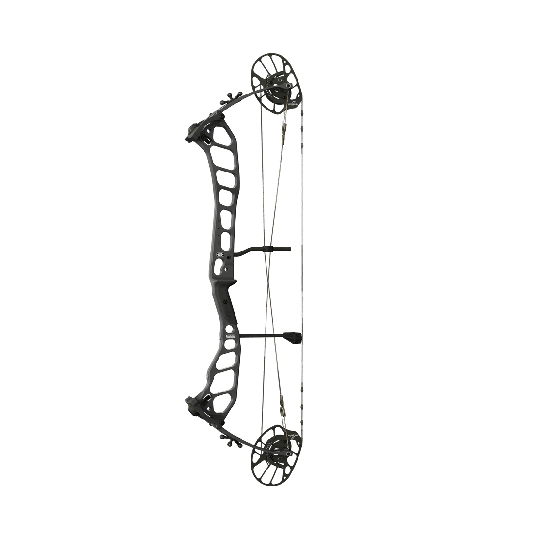 Black compound bow with cutout riser and dual cam system on plain background