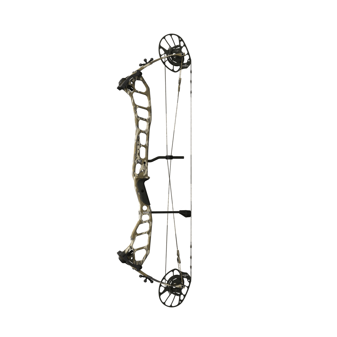 Tan compound bow with dual cams and cutout riser on solid background