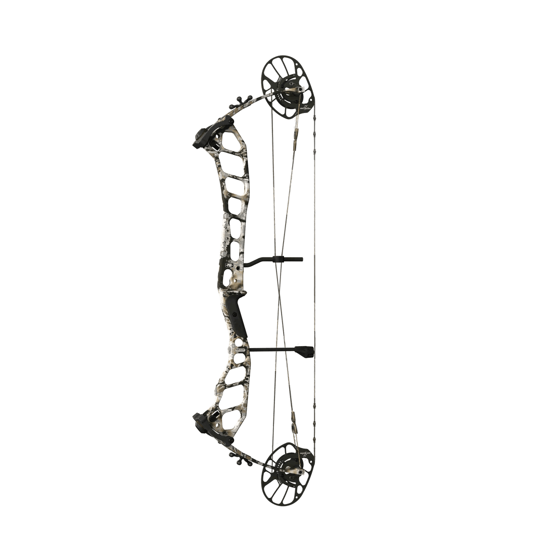 Compound hunting bow with camo finish, dual cams, and cutout riser on blue background