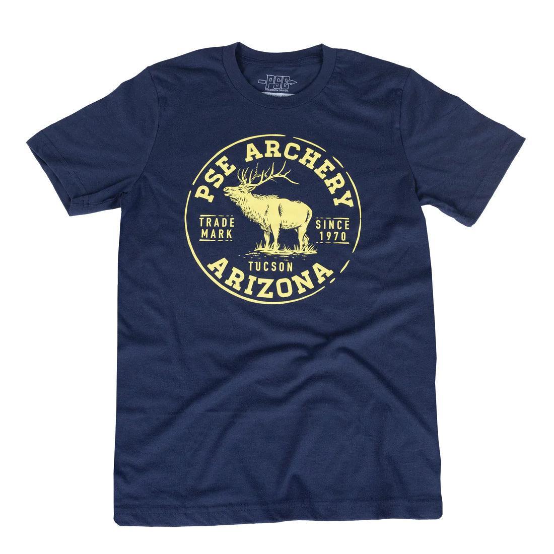 Navy PSE Archery Arizona T-shirt with yellow elk badge logo and Tucson text