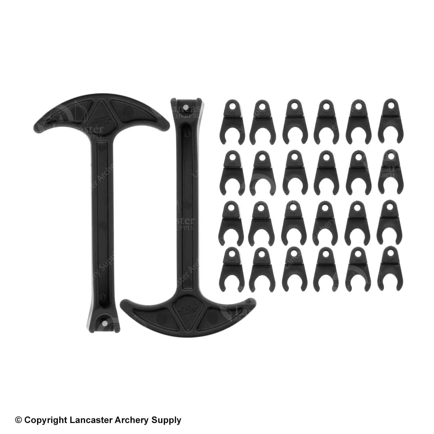 Archery bow tuning set with two T-handled tools and multiple black plastic shims on white