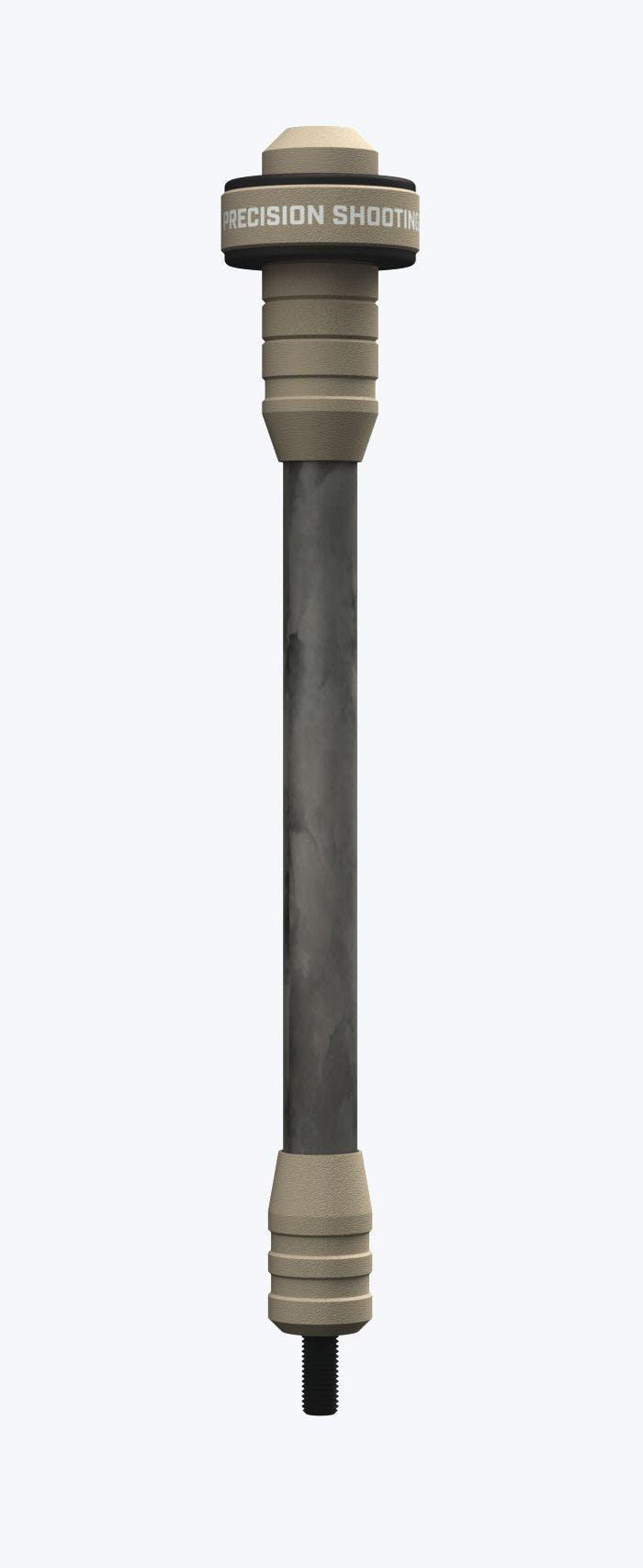 PSE Archery Killshok bow stabilizer with camo finish and tan end caps on white background