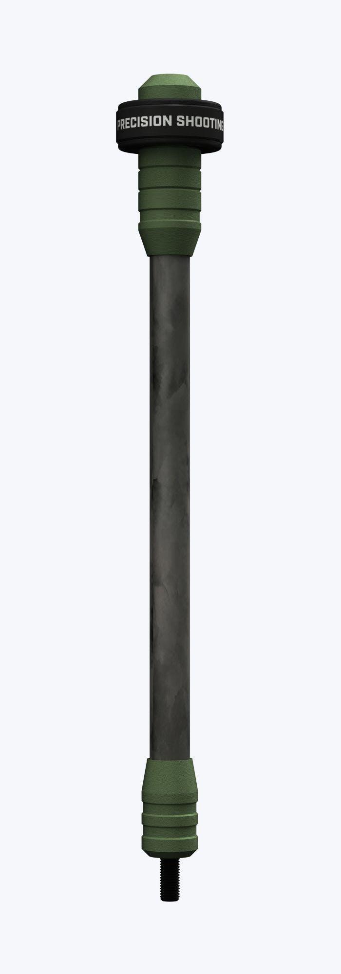 PSE Archery Killshok stabilizer with green ends and black shaft on white background