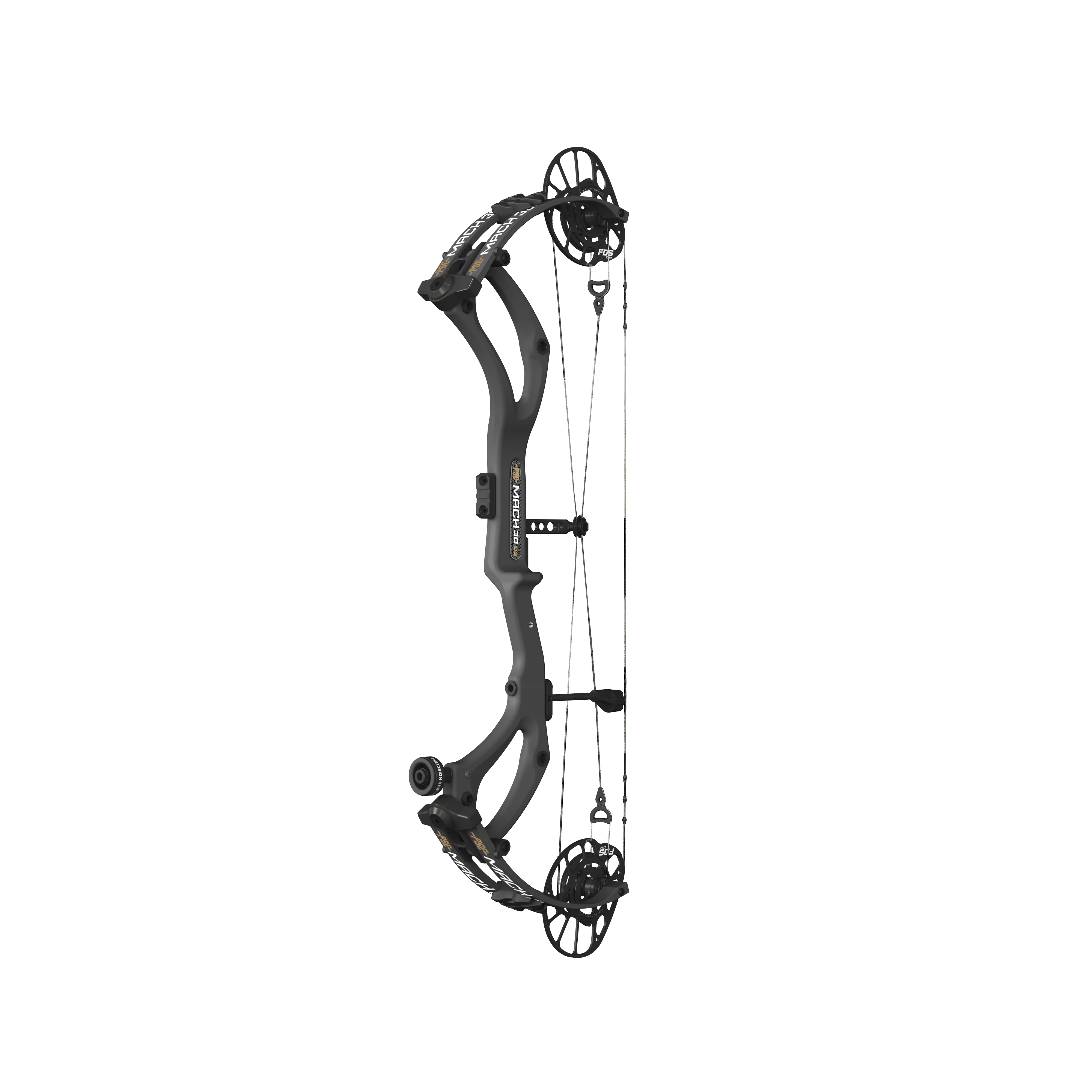 Black compound bow Mach 30, 3/4 front view, modern archery equipment against white background