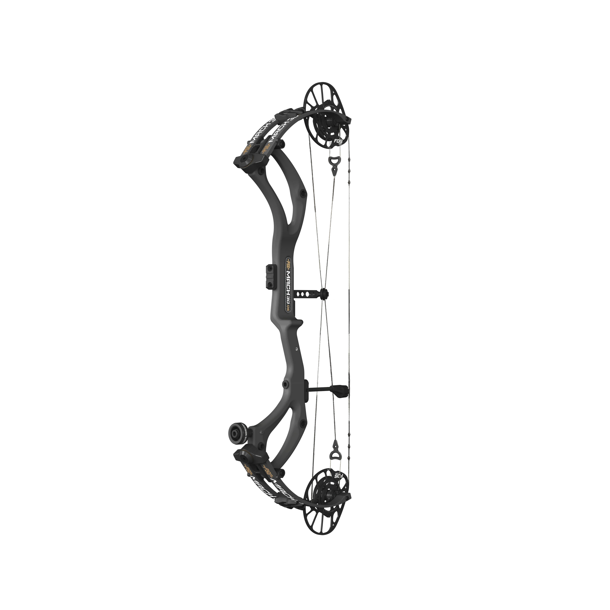 Black compound bow Mach 30, 3/4 front view, modern archery equipment against white background