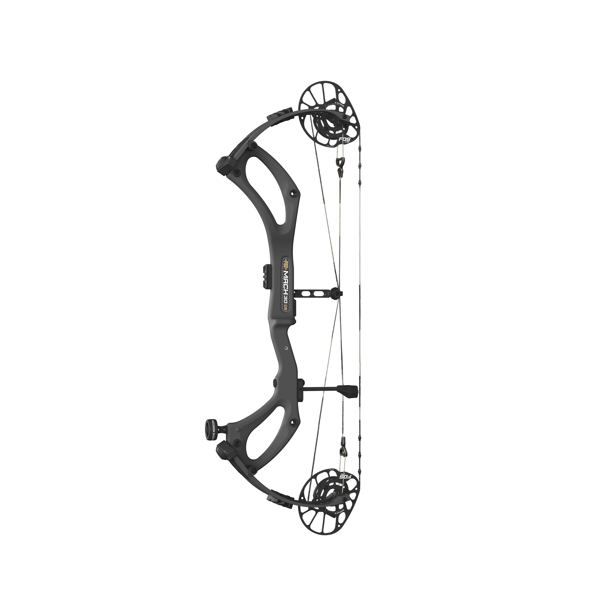 Black compound bow Mach 30 BK with cams and cables on a white background