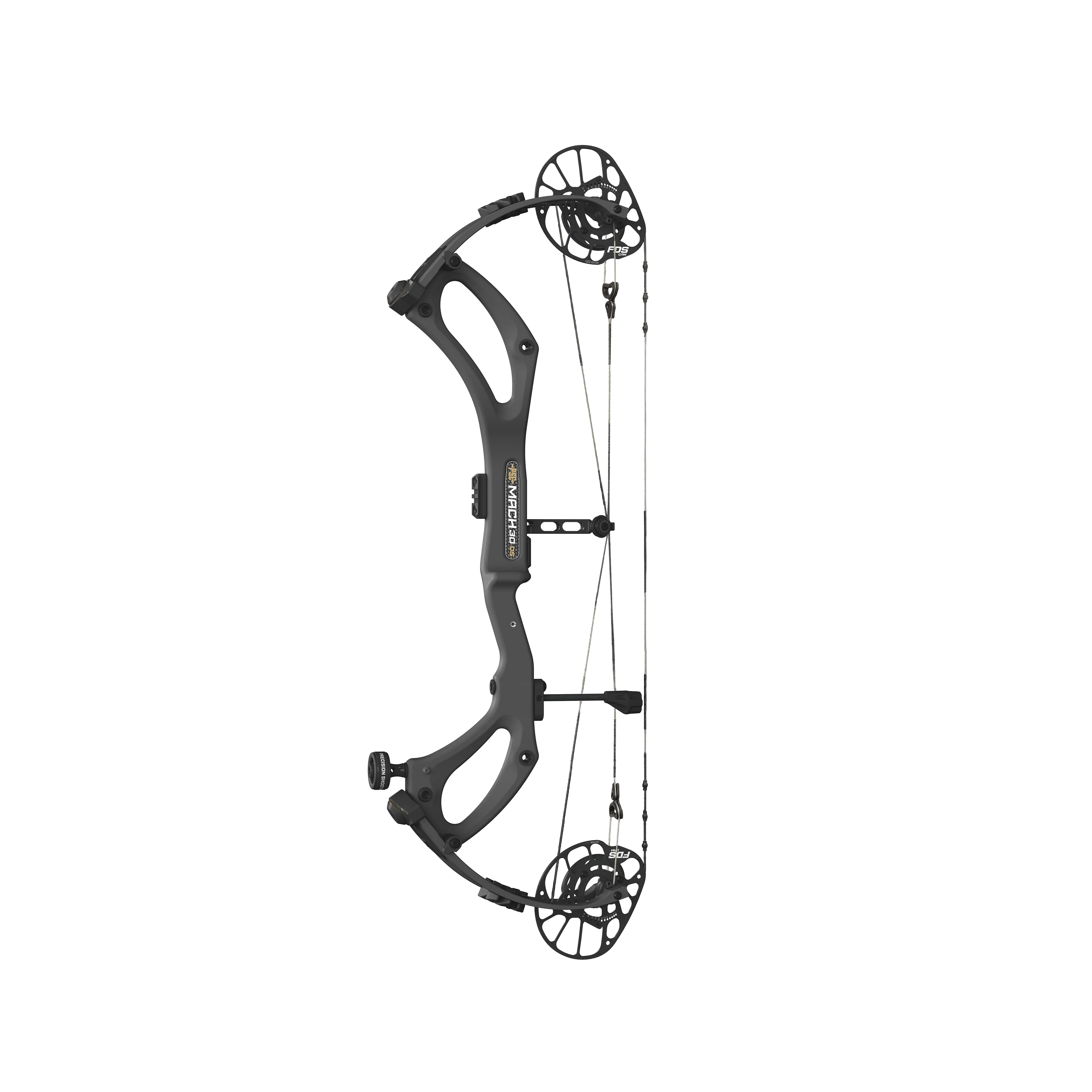 Black compound bow Mach 30 BK with cams and cables on a white background