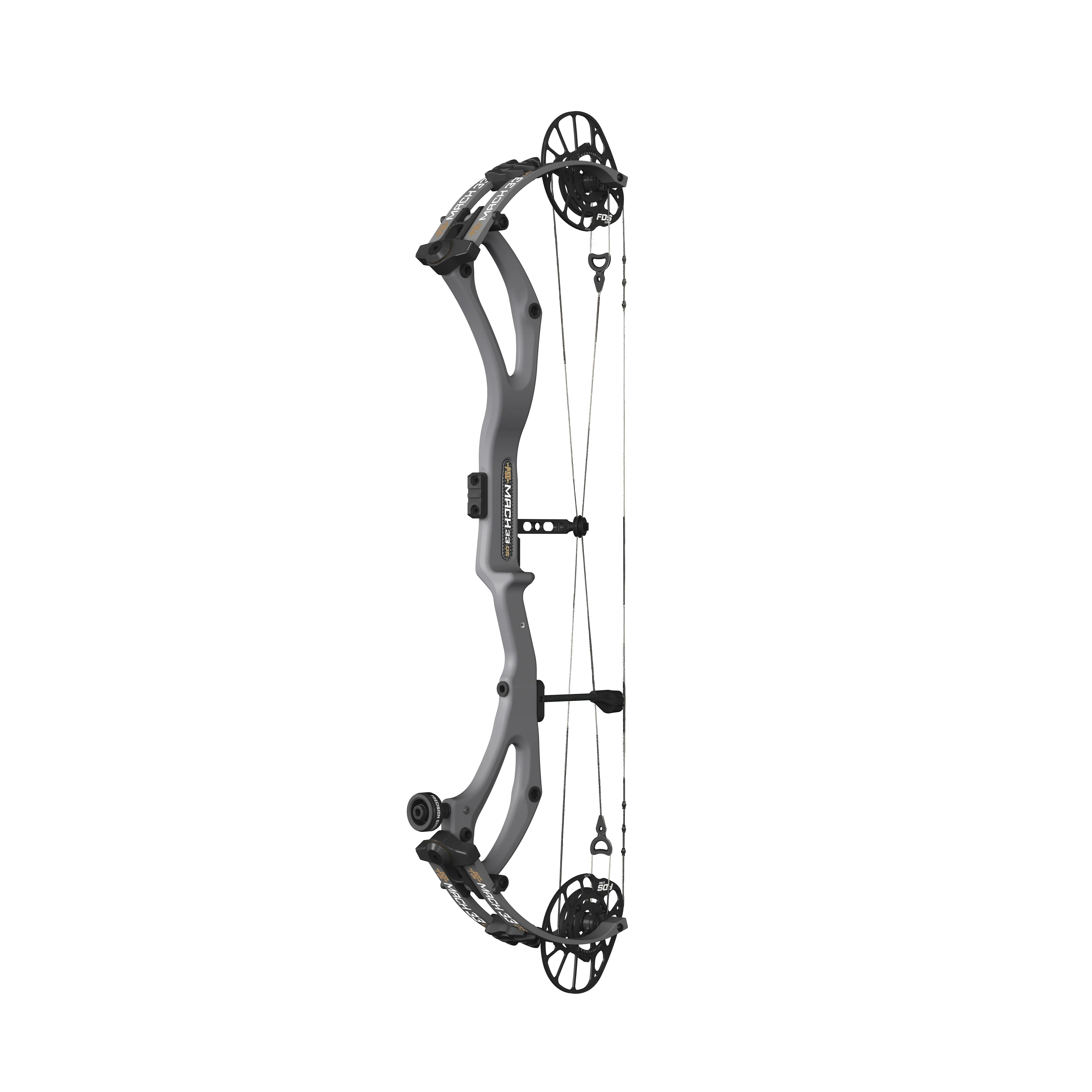 Gray compound bow Mach 33 with cams and cables on transparent background