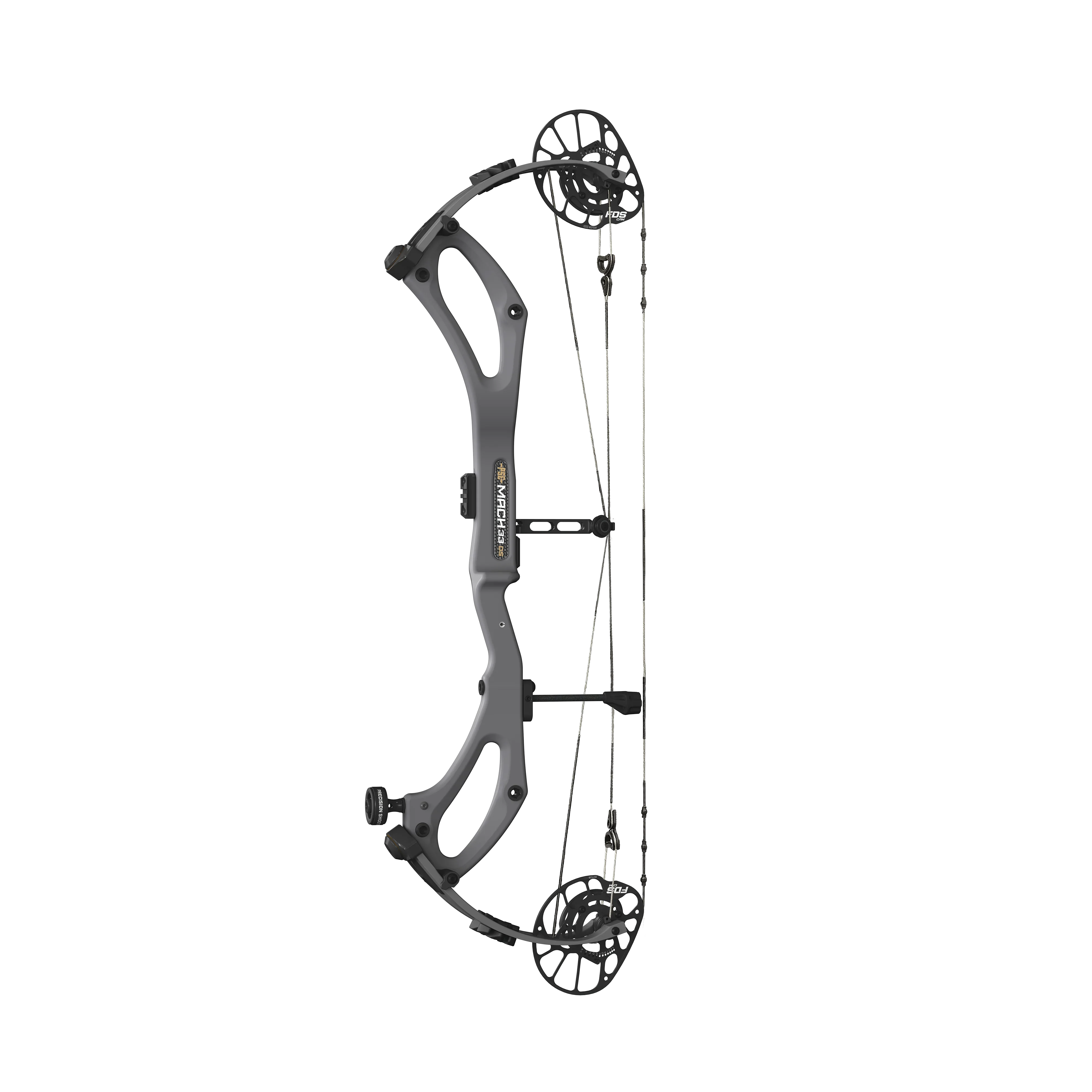 Mach 33 compound bow with gray riser and black dual cams on black background