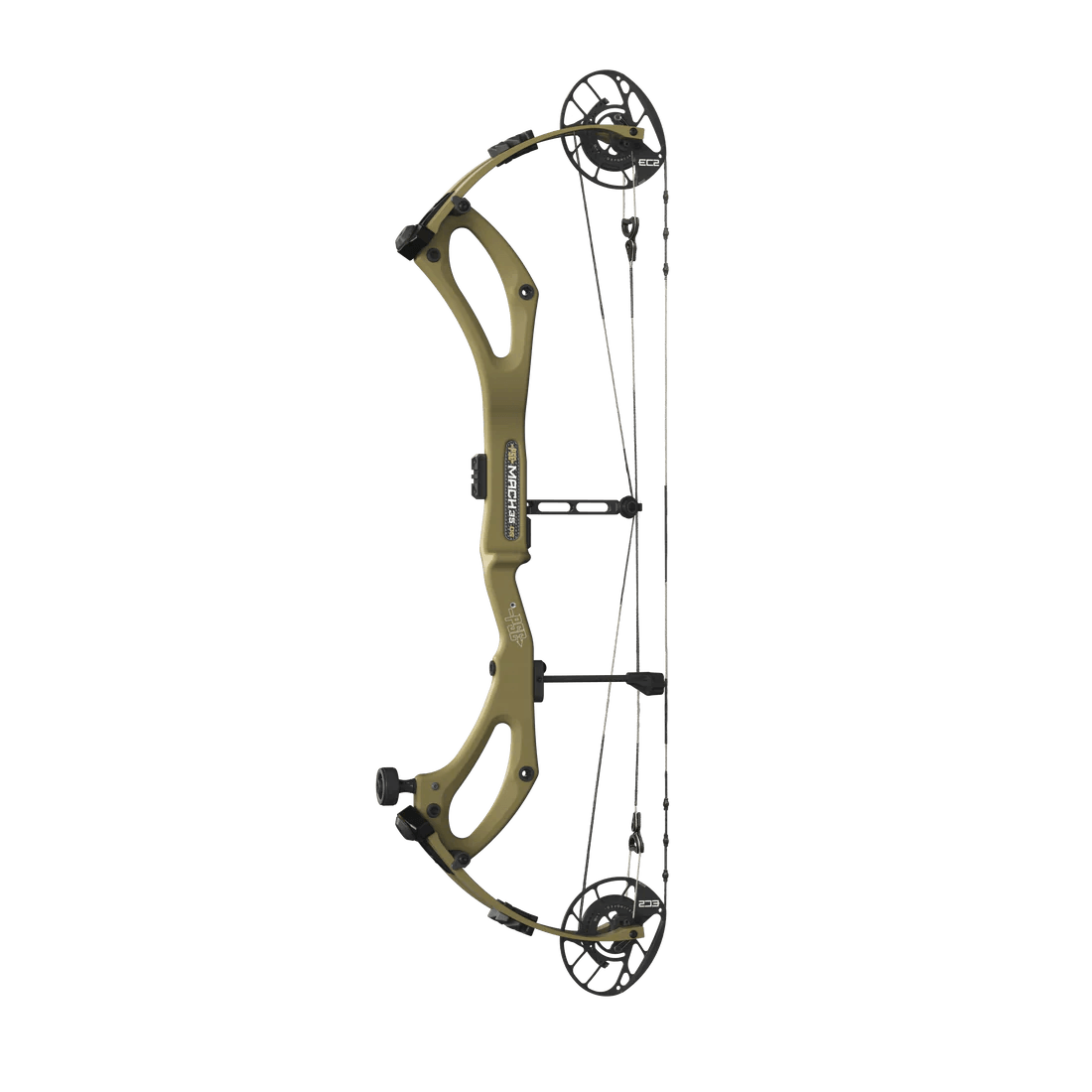 Mach 35 OG EC2 compound bow in olive green with dual cam system isolated on blue background