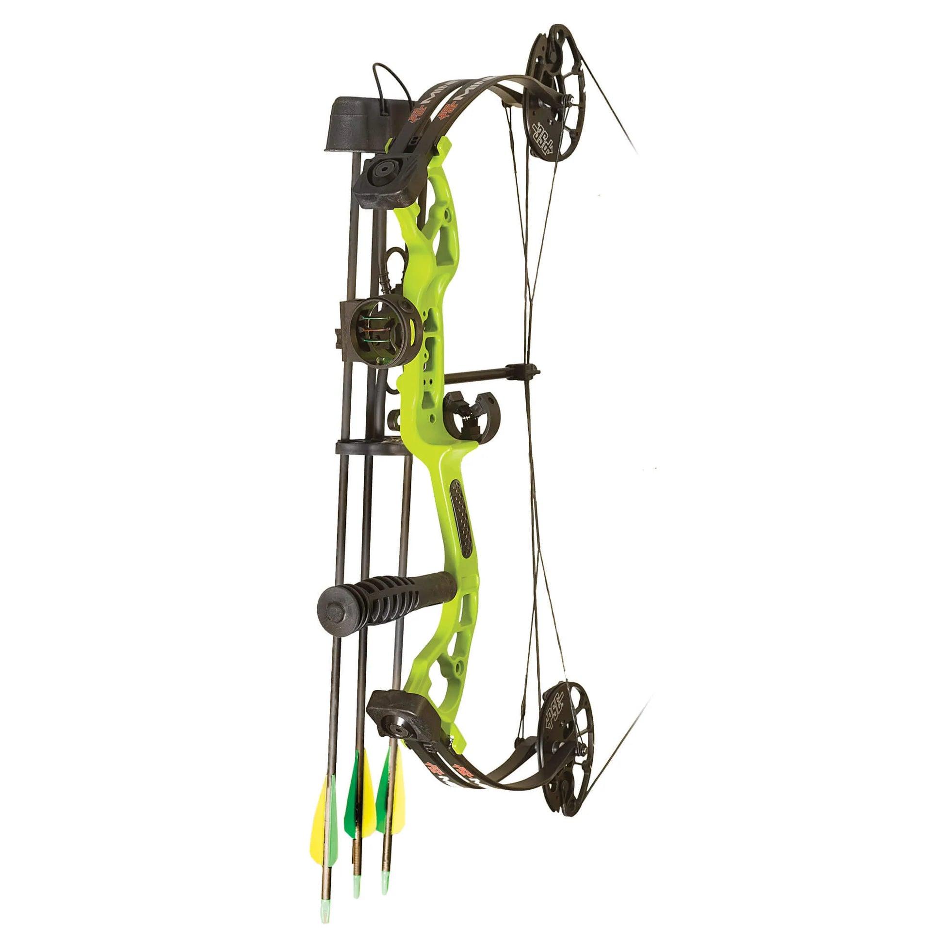 Lime green compound bow with black accents and three arrows, archery equipment on white background