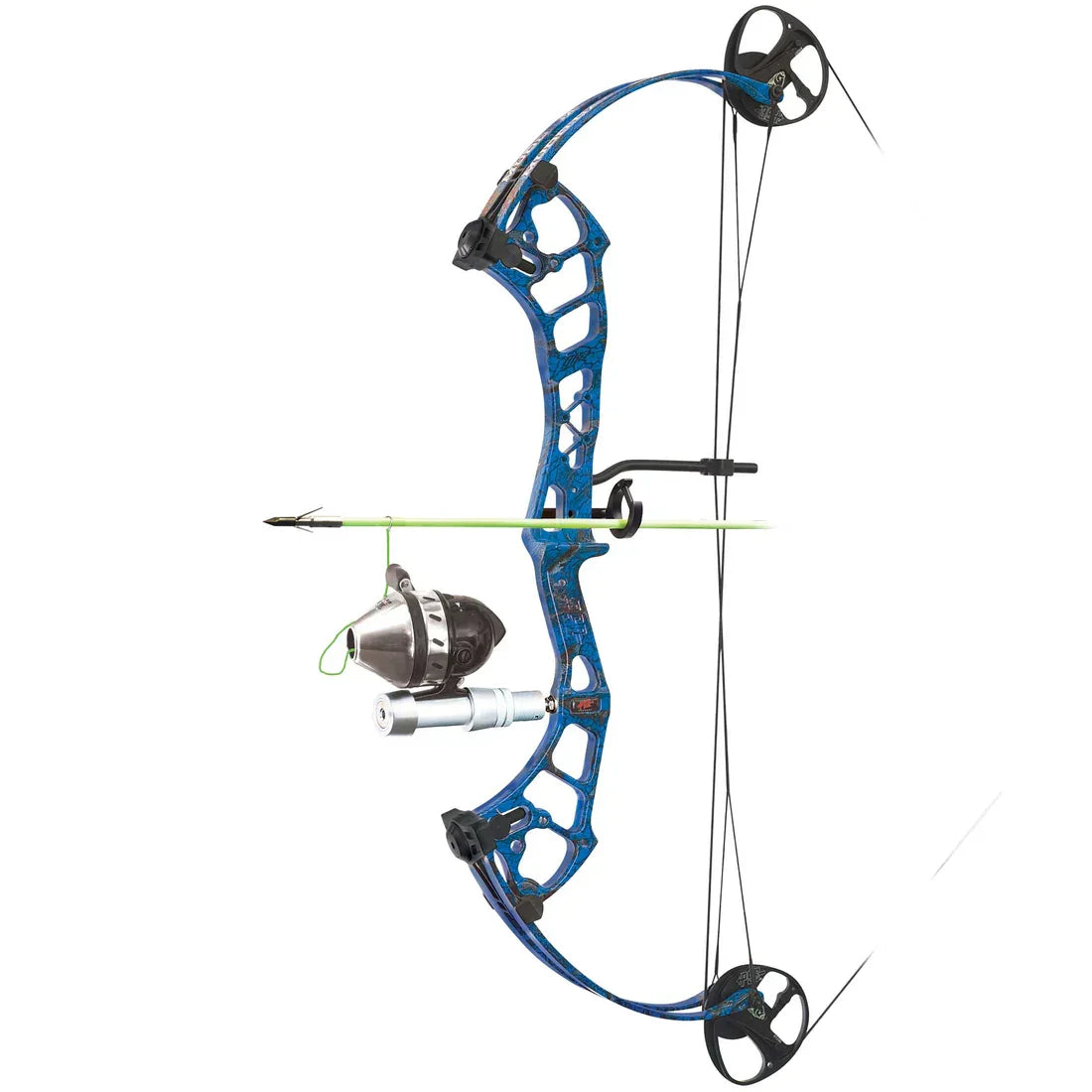 Blue PSE Muddawg compound bowfishing bow with reel and arrow, isolated on white background