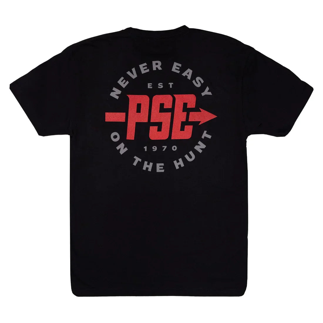 Black PSE t-shirt with red logo and 'Never Easy On The Hunt' graphic on the back