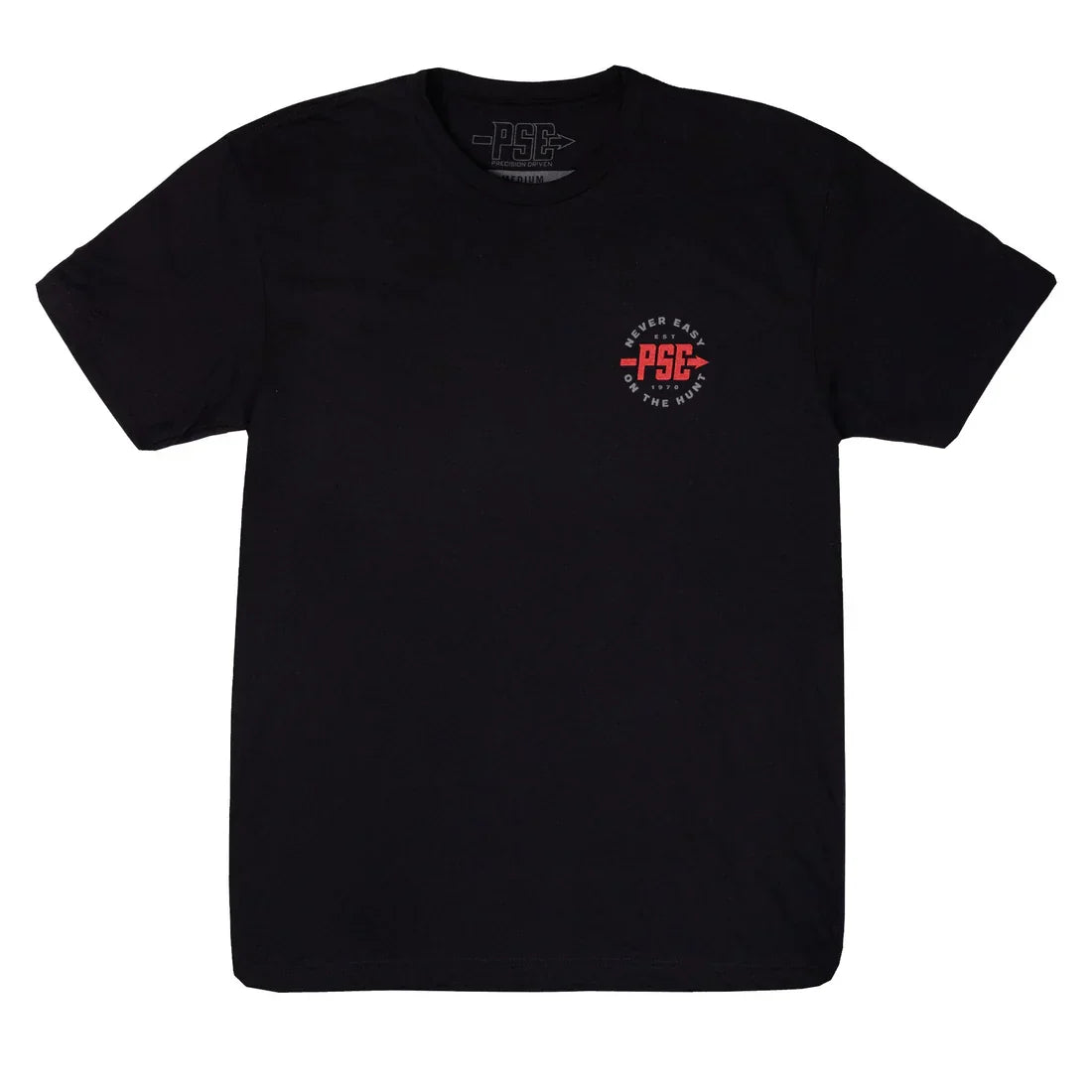 Black PSE t-shirt with red logo and 'Never Ease On The Hunt' chest graphic