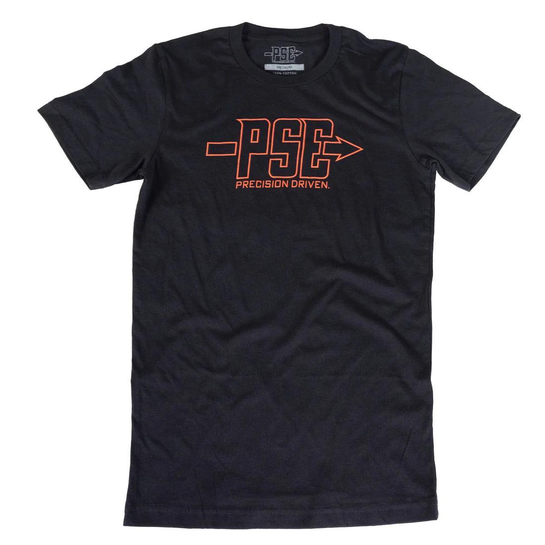 Black PSE Archery logo t-shirt with orange outlined text and 'Precision Driven' slogan.