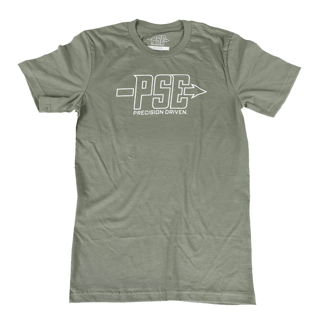 Olive green PSE Archery logo tee with 'Precision Driven' text, outdoor sports apparel
