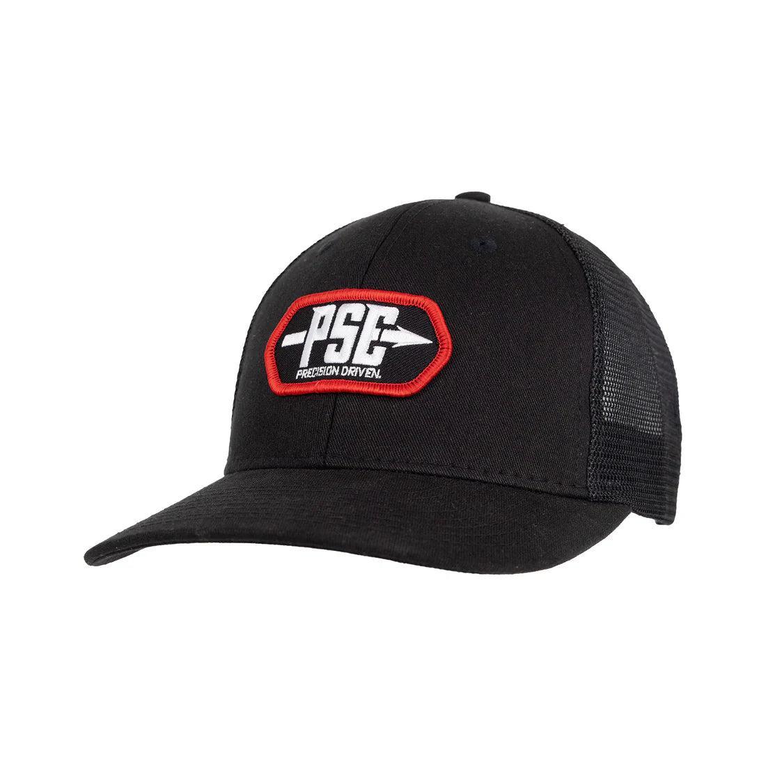 Black PSE trucker hat with mesh back and red patch logo on front
