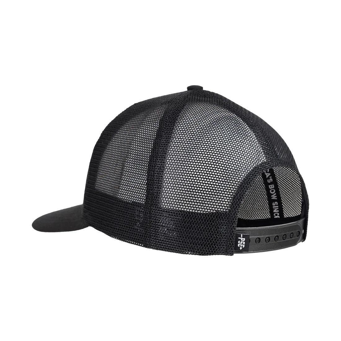 Black mesh trucker hat with adjustable snapback and text on strap, rear view