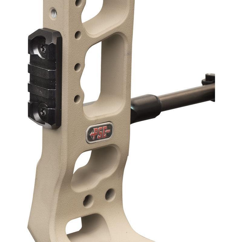 PSE Archery picatinny rail mount on tan bow riser, Leapfrog Outdoor Sports