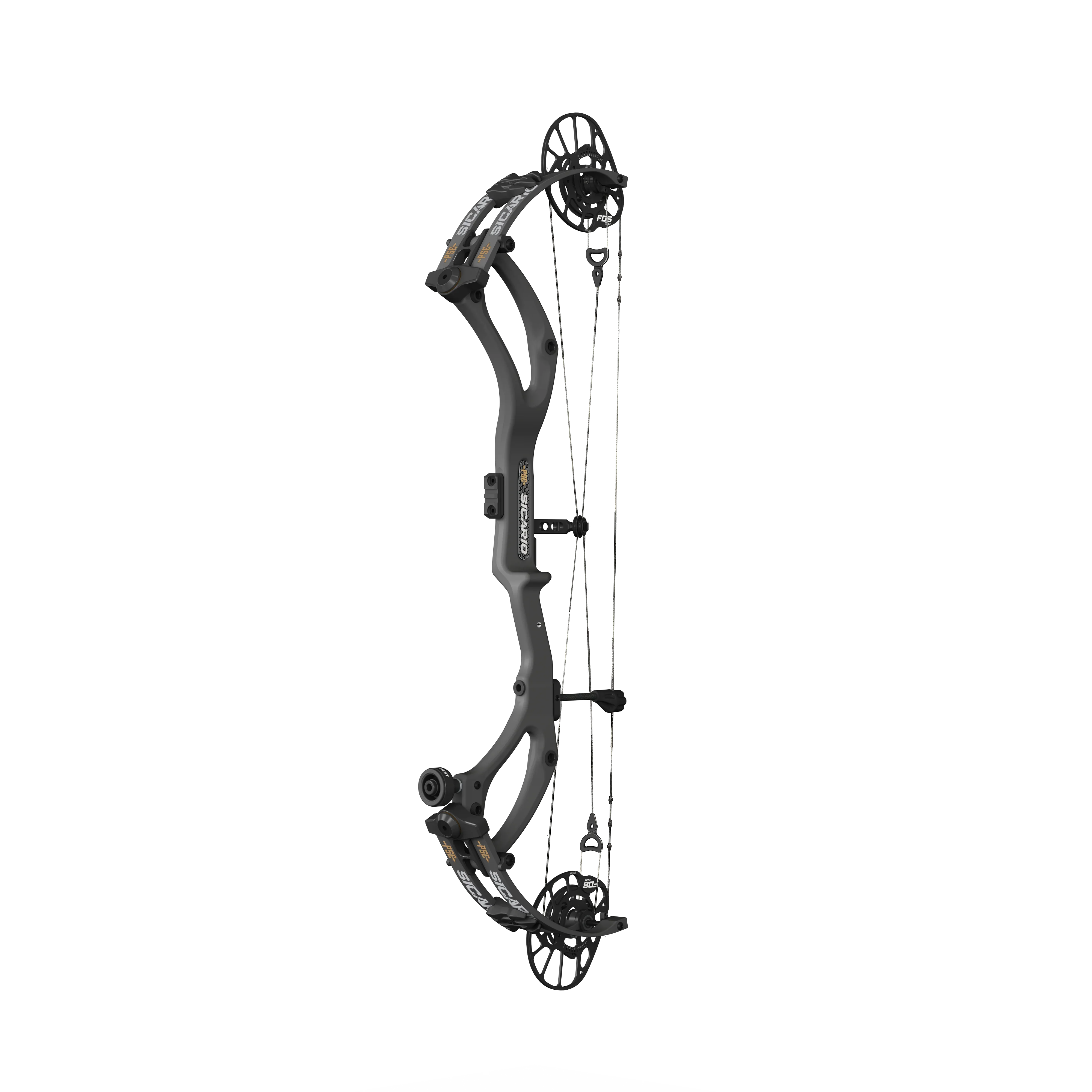 Black Sicario compound bow on black background, featuring dual cams and modern design.