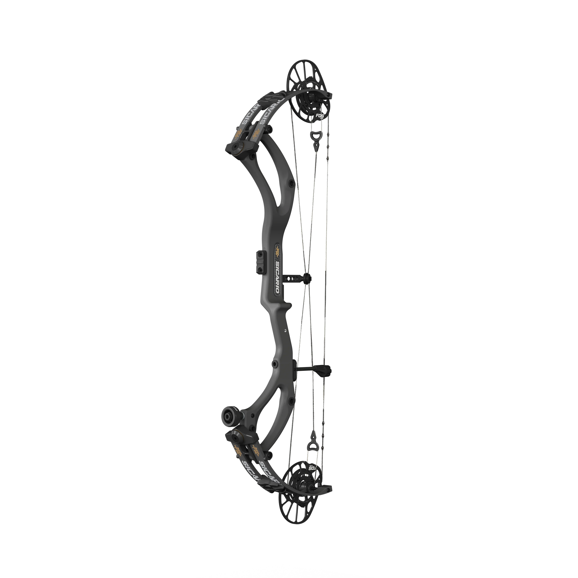 Black Sicario compound bow on black background, featuring dual cams and modern design.