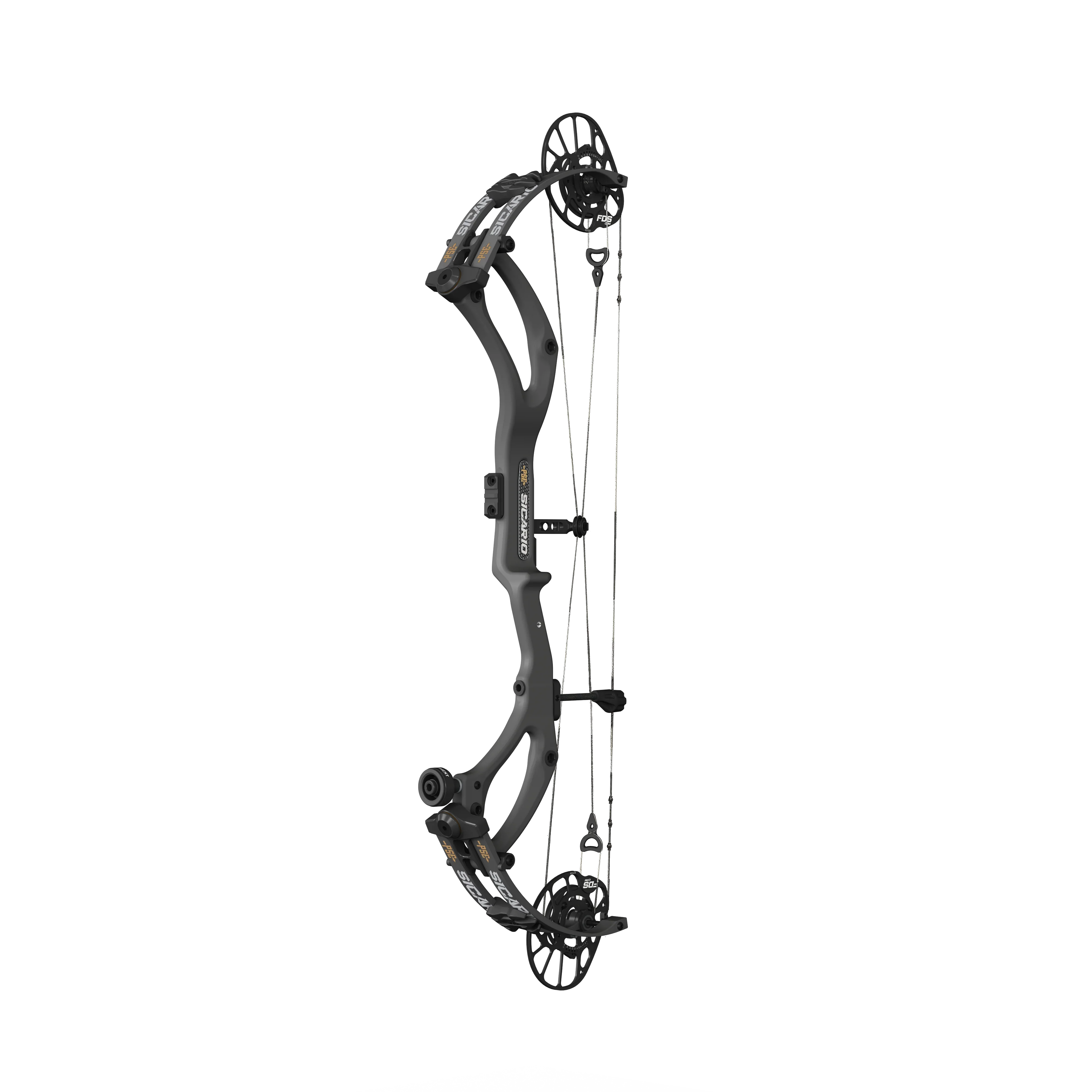 Black Sicario compound bow on black background, featuring dual cams and modern design.