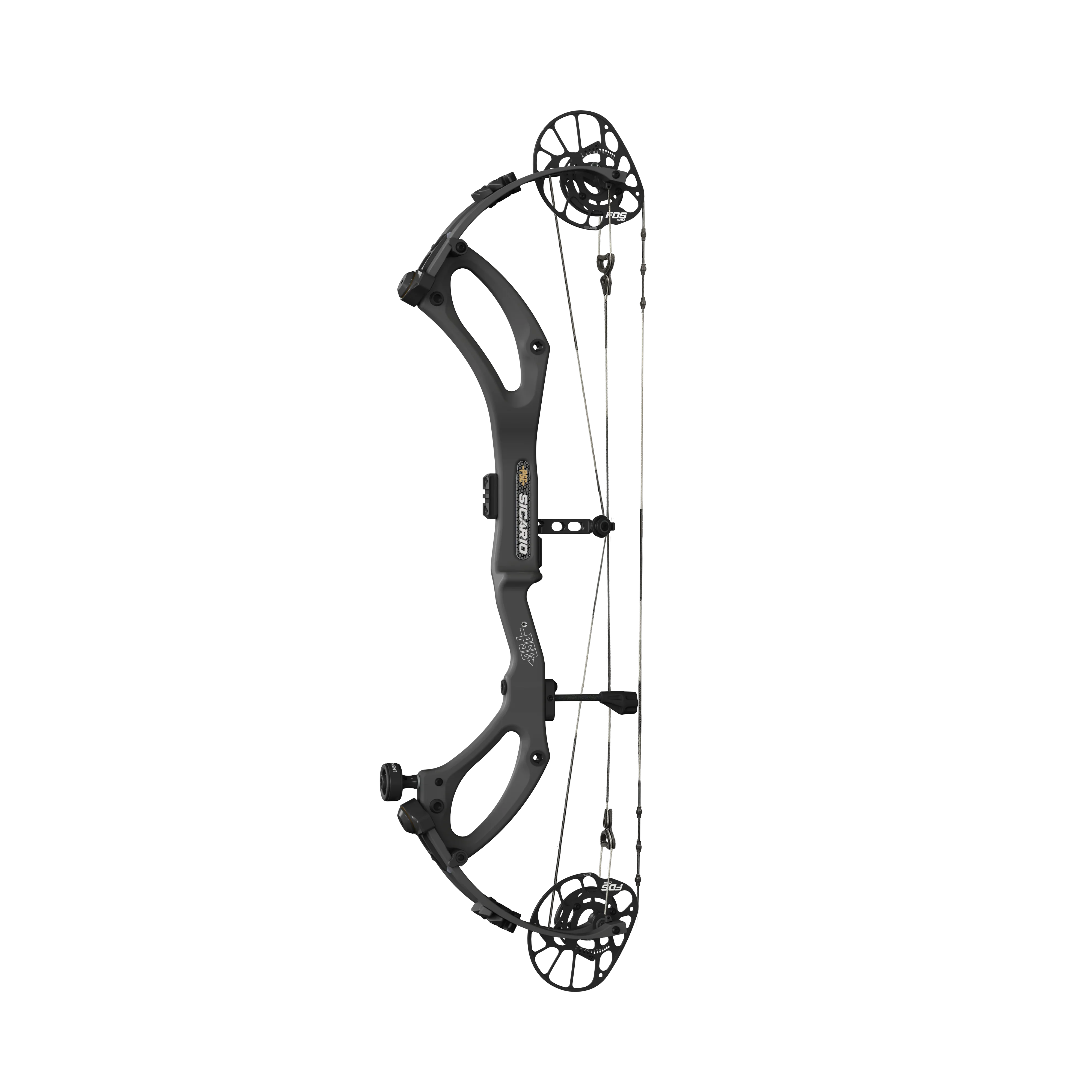 Black Sicario compound bow with dual cams and string, archery equipment on white background