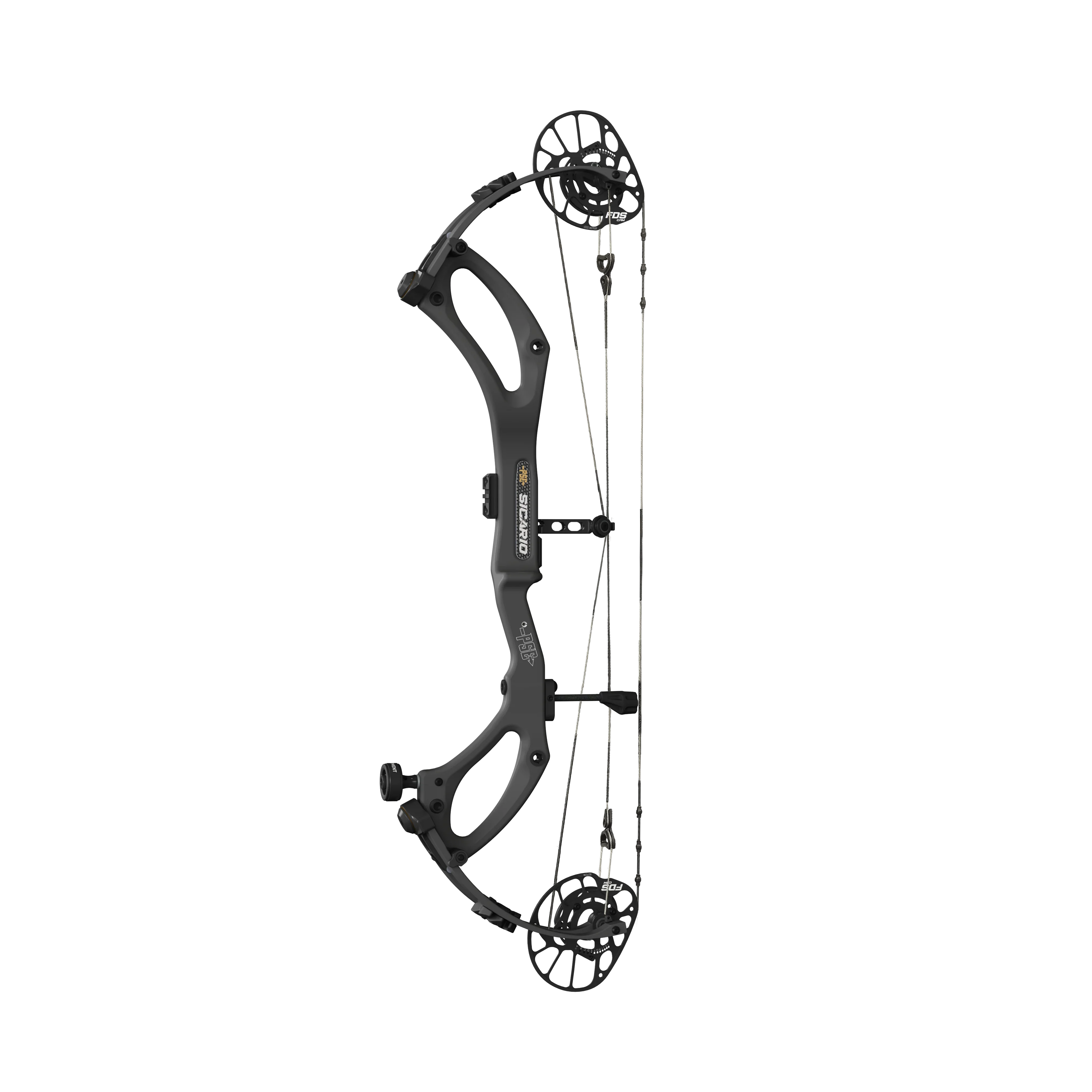 Black Sicario compound bow with dual cams and string, archery equipment on white background