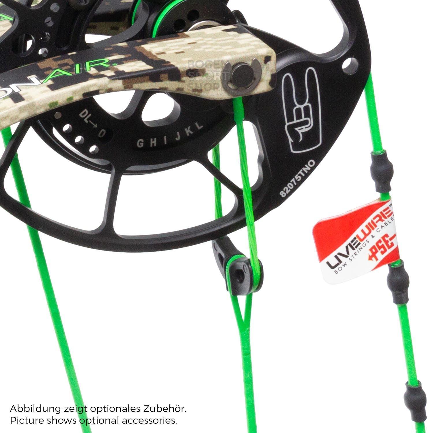 Close-up of PSE Archery compound bow cam with green cables and Livewire bowstrings tag