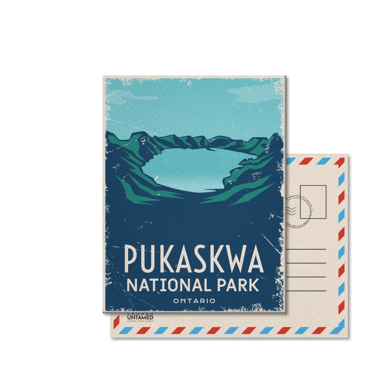 Pukaskwa National Park Ontario postcard with blue mountains and lake illustration