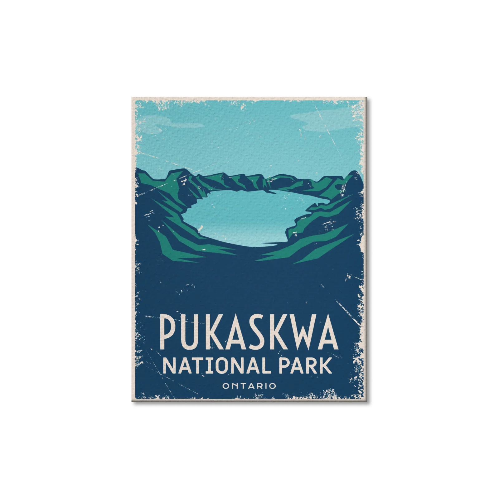 Pukaskwa National Park Ontario postcard with stylized mountains and blue lake illustration