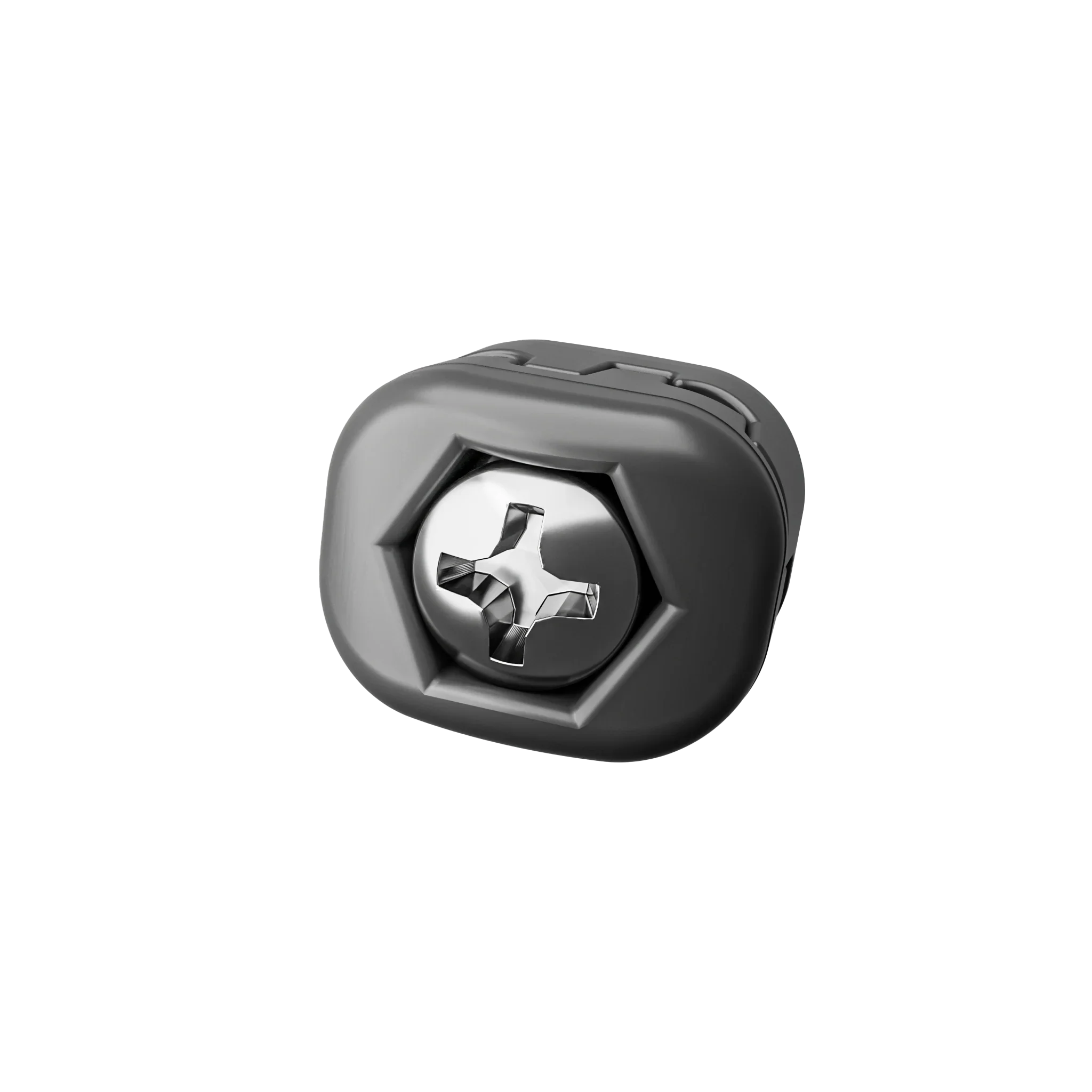 Black plastic cable clamp with metal screw on white background
