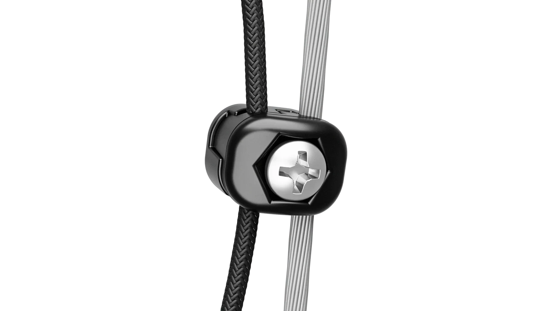 Black cable clamp securing braided and silver wires with a metal screw on white background