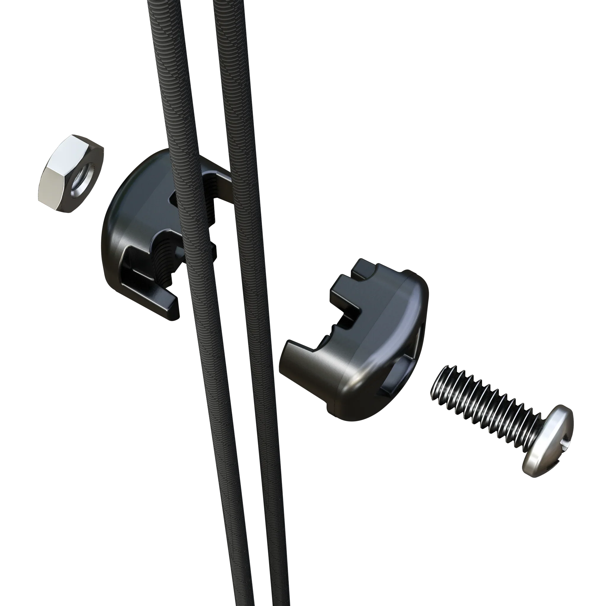 EZT black cable guide set with metal bolt, nut, and spring on white background