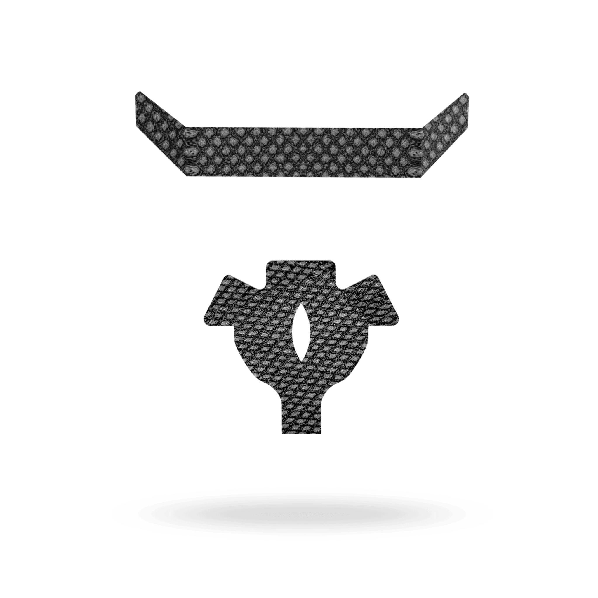 QAD archery laser cut felt kit parts on blue background, textured black material.