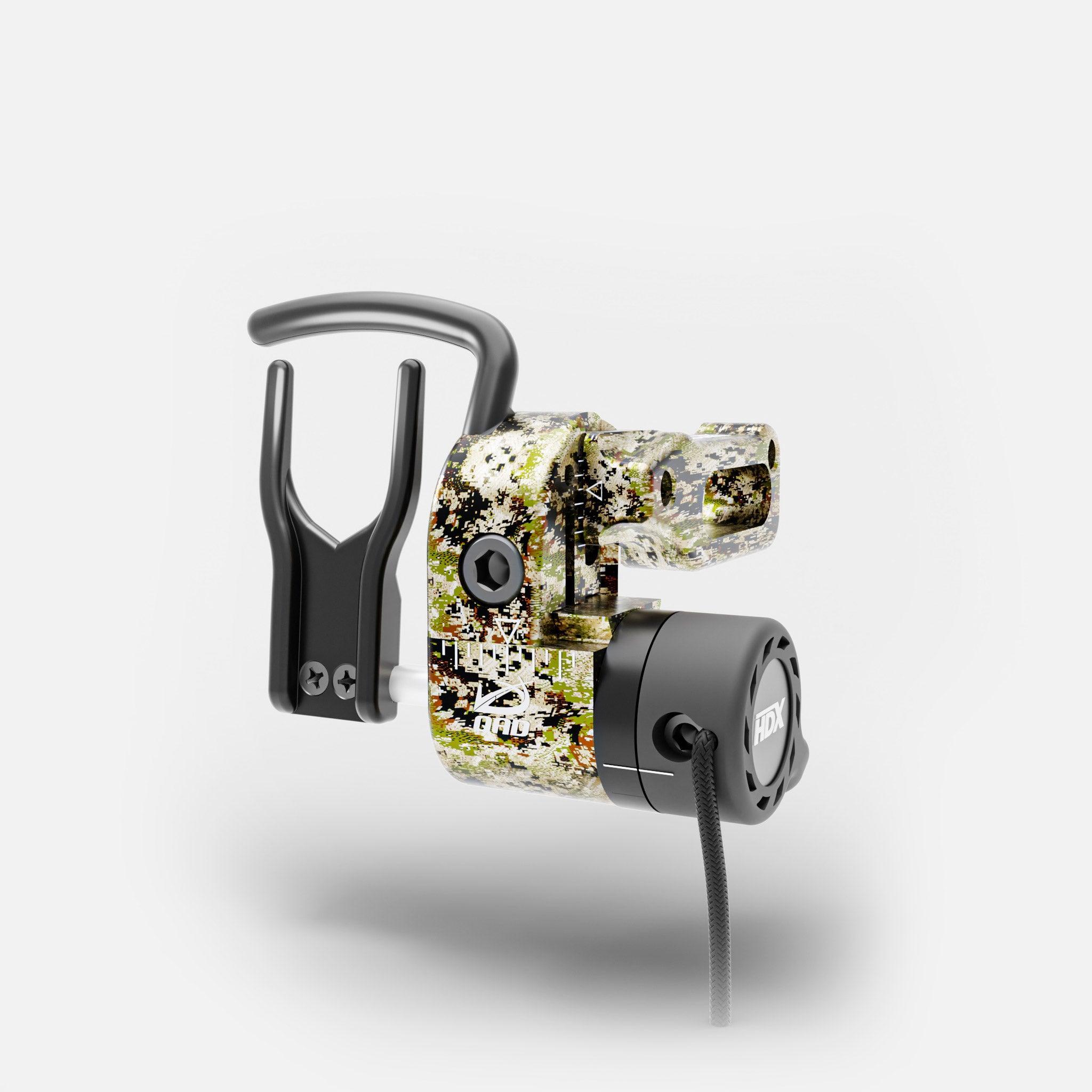Camo-pattern HDX arrow rest with black fork and cord, archery accessory on white background