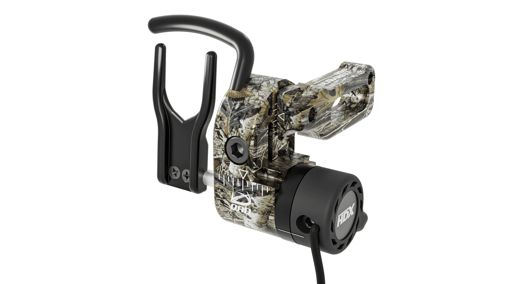 QAD HDX Realtree Edge arrow rest with camouflage finish on plain background