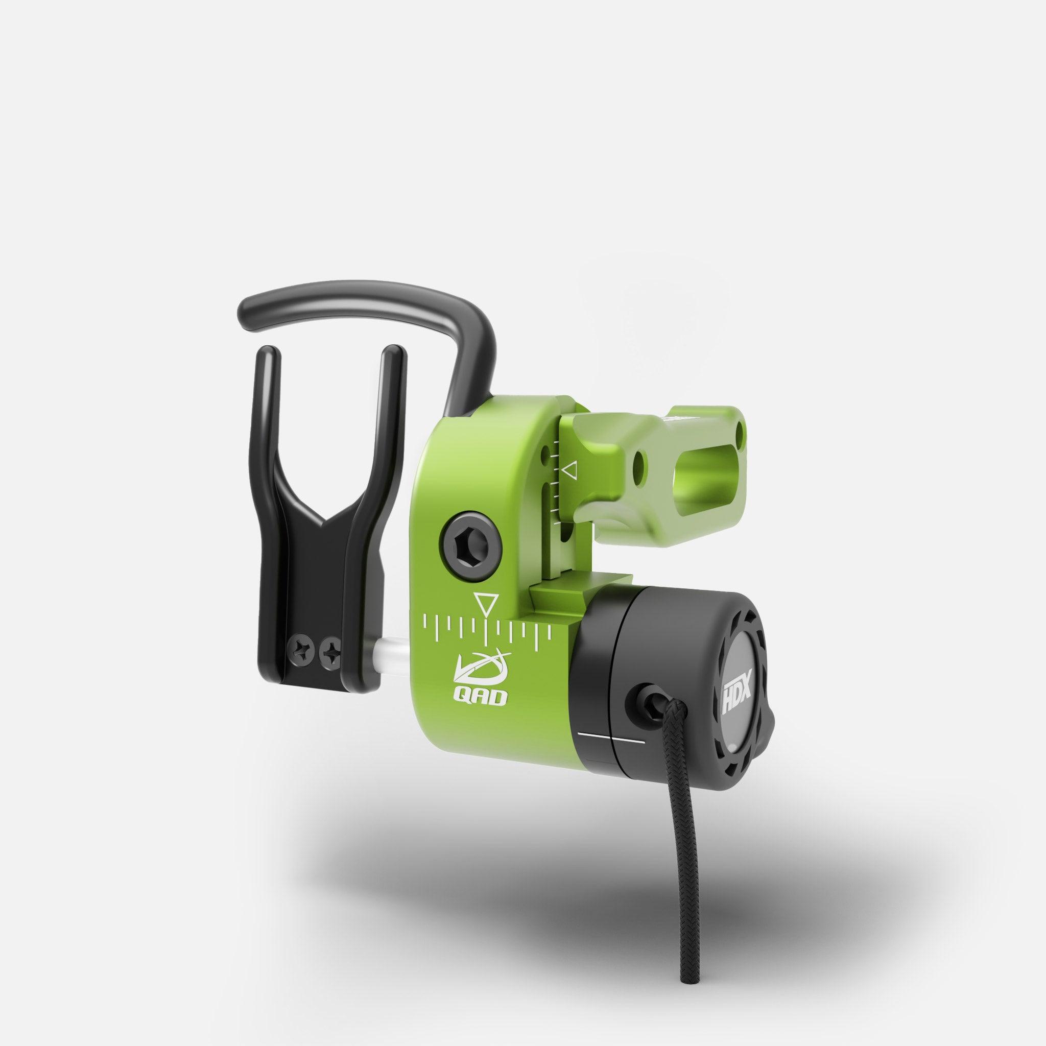 Green QAD HDX arrow rest archery accessory with adjustment markings on white background