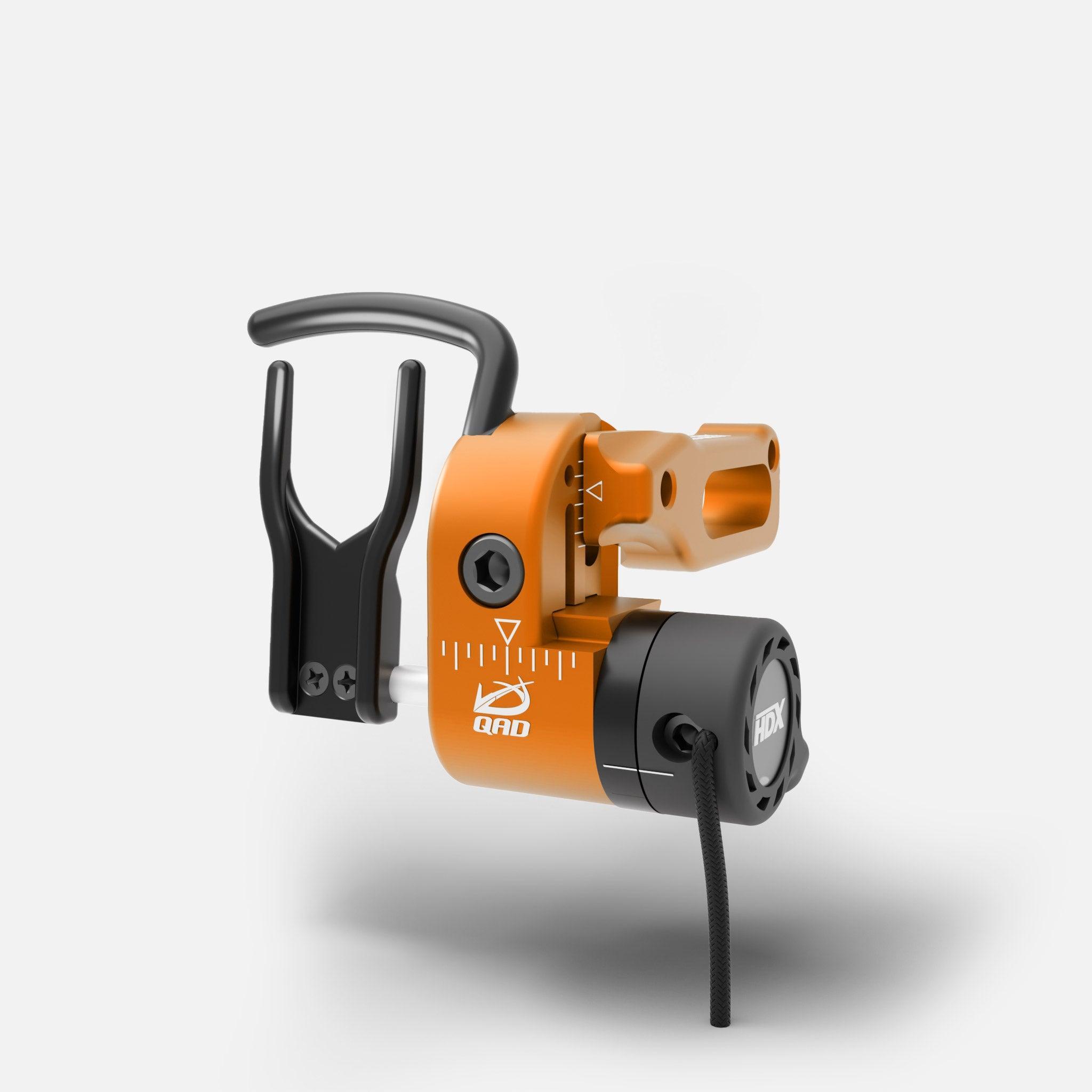 QAD HDX orange archery arrow rest with black fork on white background