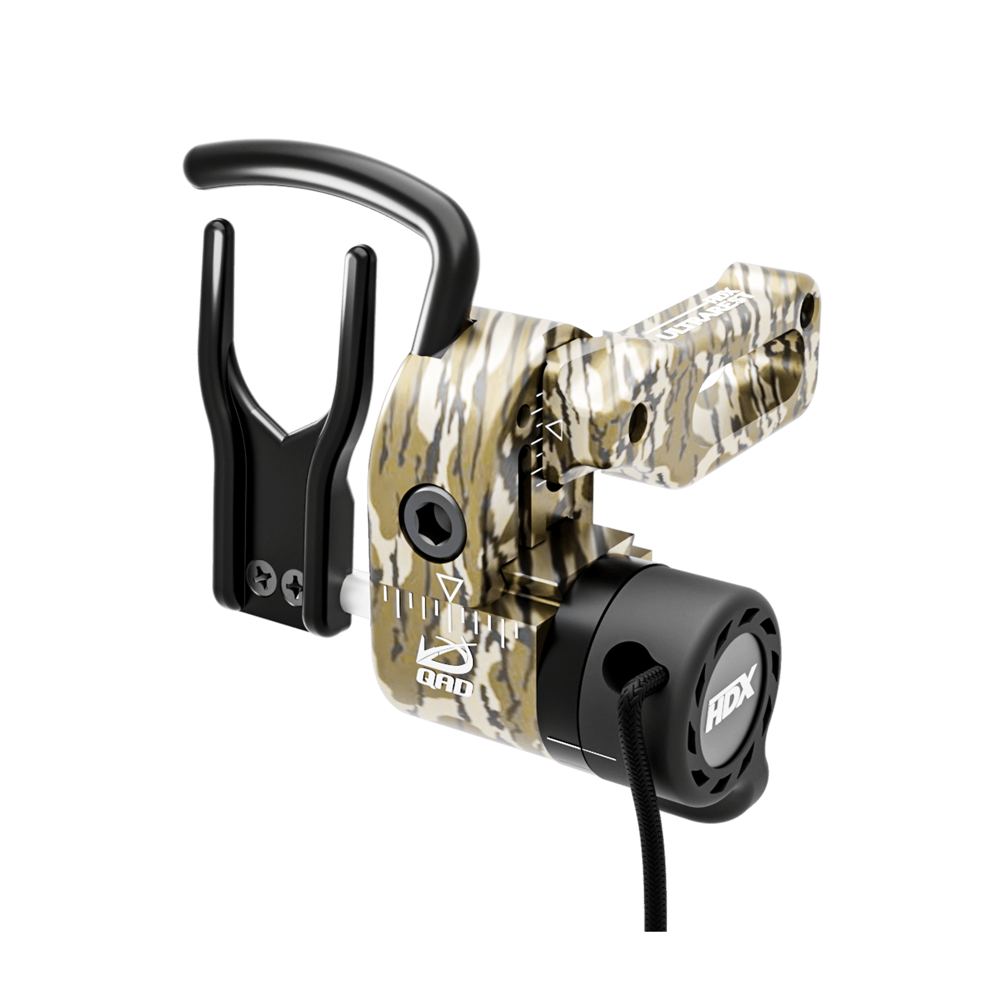 QAD HDX arrow rest in Mossy Oak Bottomland camouflage, close-up on plain background