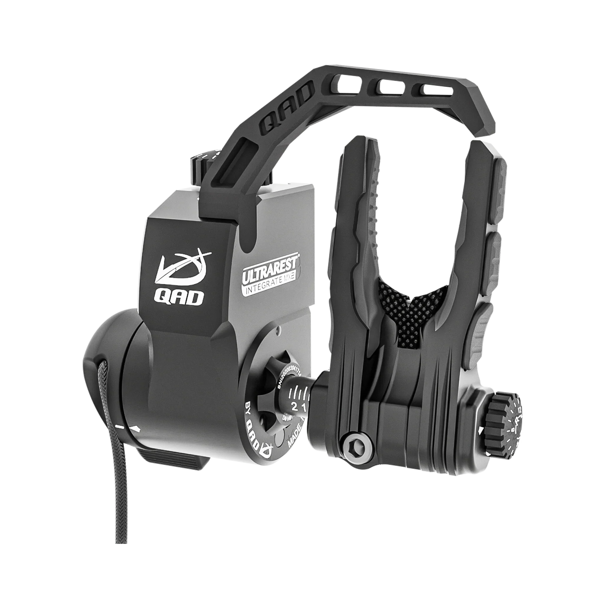 QAD Ultrarest Integrate MX2 black arrow rest for compound bows on white background